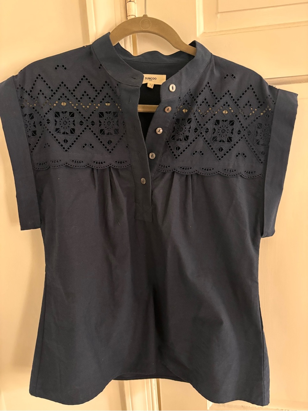 SUNCOO Navy Eyelet Popover Blouse